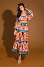 Blue and Orange Print Midi Tie Waist Dress