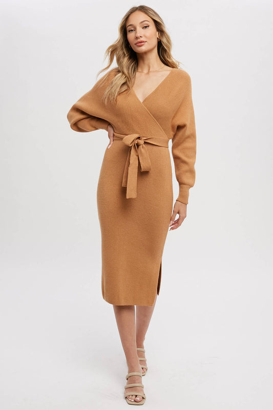 Camel Belted Sweater Dress