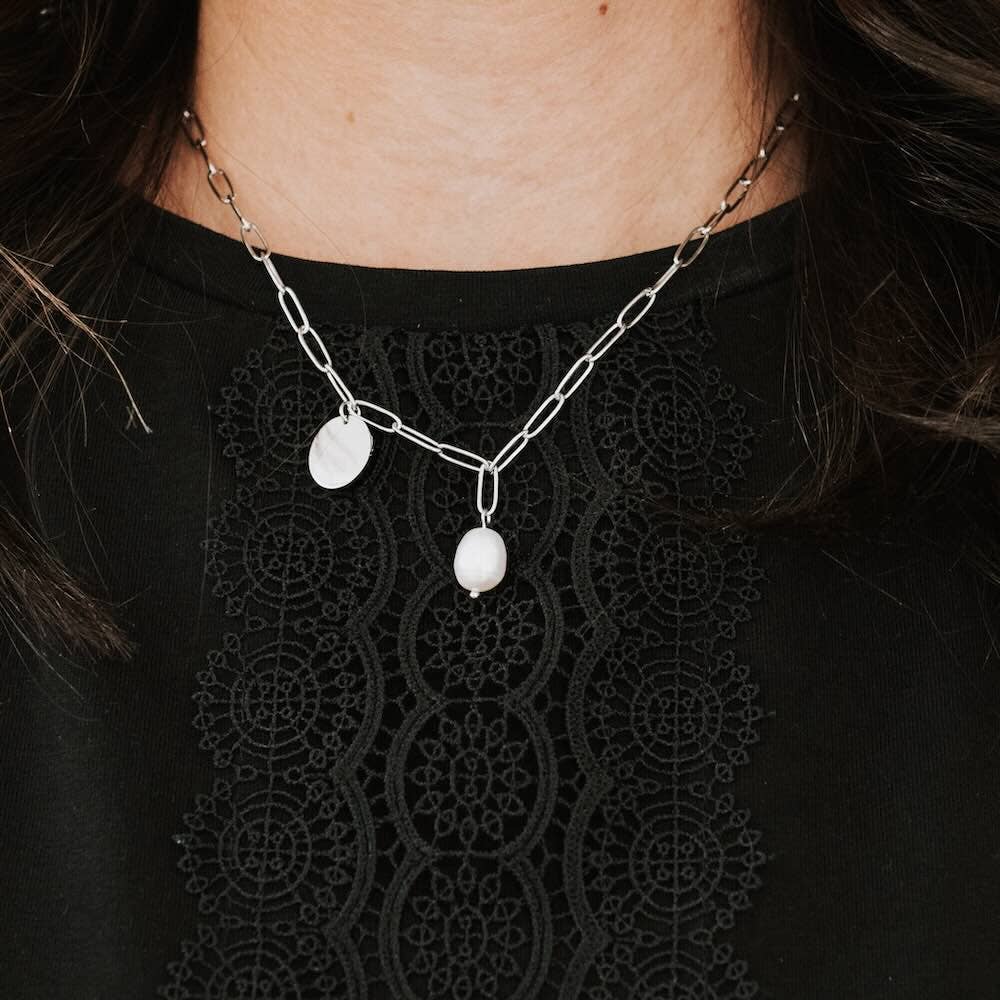 Not-Your-Average Silver Pearl Chain and Disc Charm Necklace *WATERP