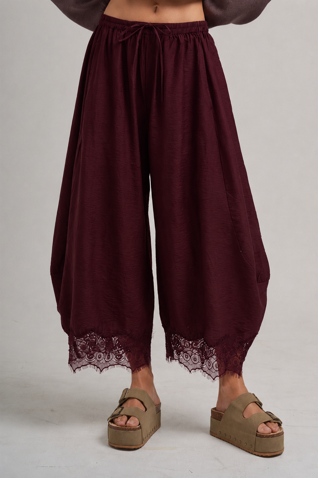 LIGHTWEIGHT FLOWY WIDE BALLOON LEG PANTS WITH DELICATE LACE