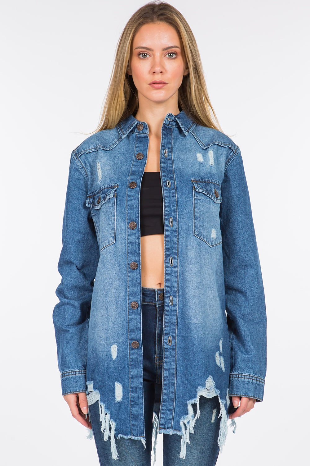 American Bazi Distressed Frayed Hem Denim Jacket IN STORE