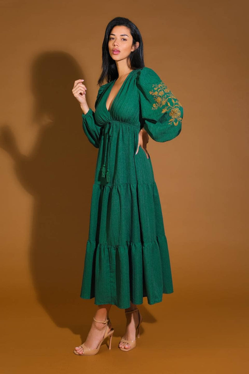 Textured Green Long Sleeve Midi Dress with Embroidery Sleeve Detail