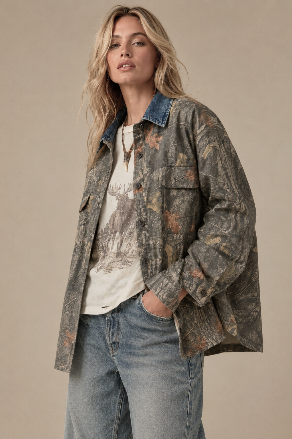 Denim Collar Camo Shacket