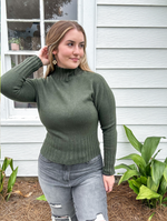 Italian Viscose Blend Ribbed Knit Mock Neck Long Sleeve Sweater