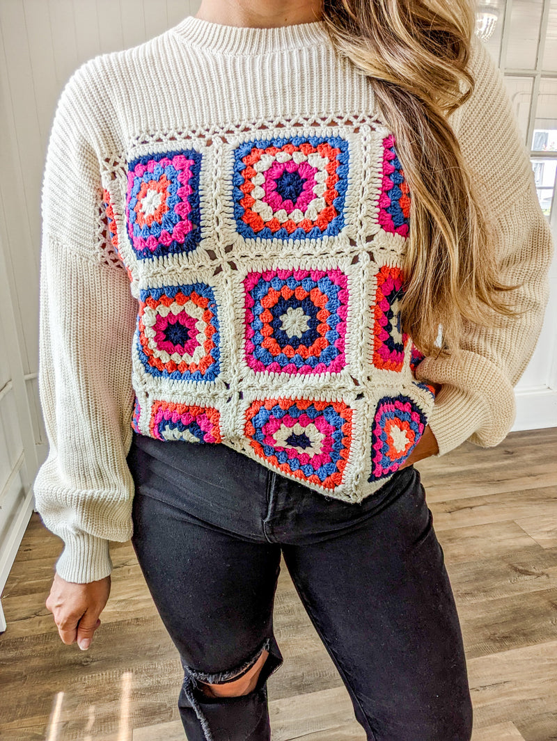 Multicolor long sleeve crochet cropped sweater