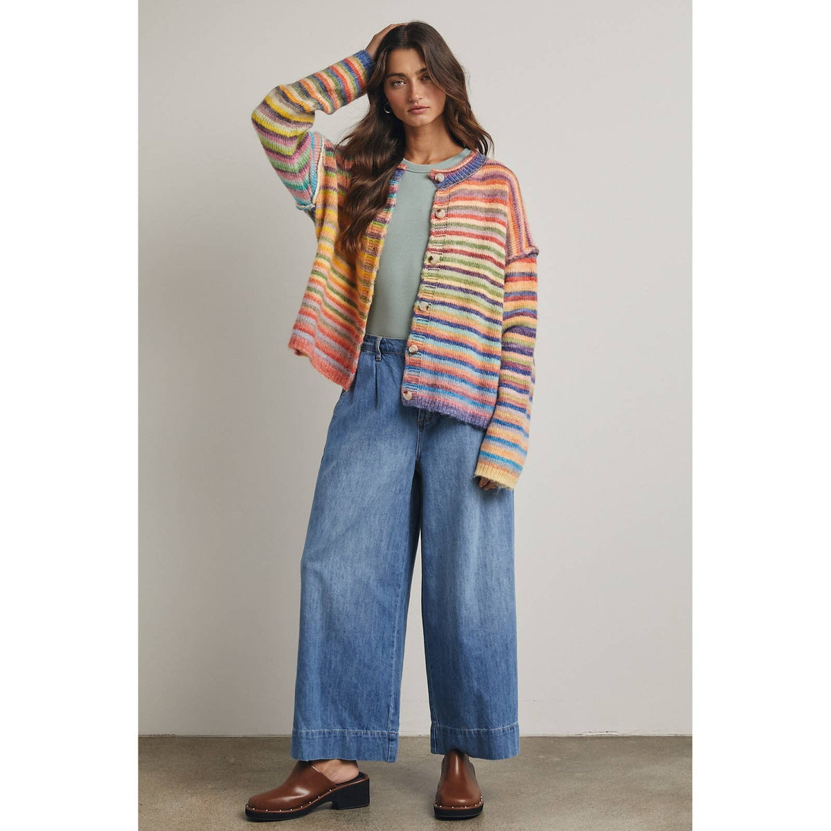 Rainbow Button-Up Knit Sweater Cardigan