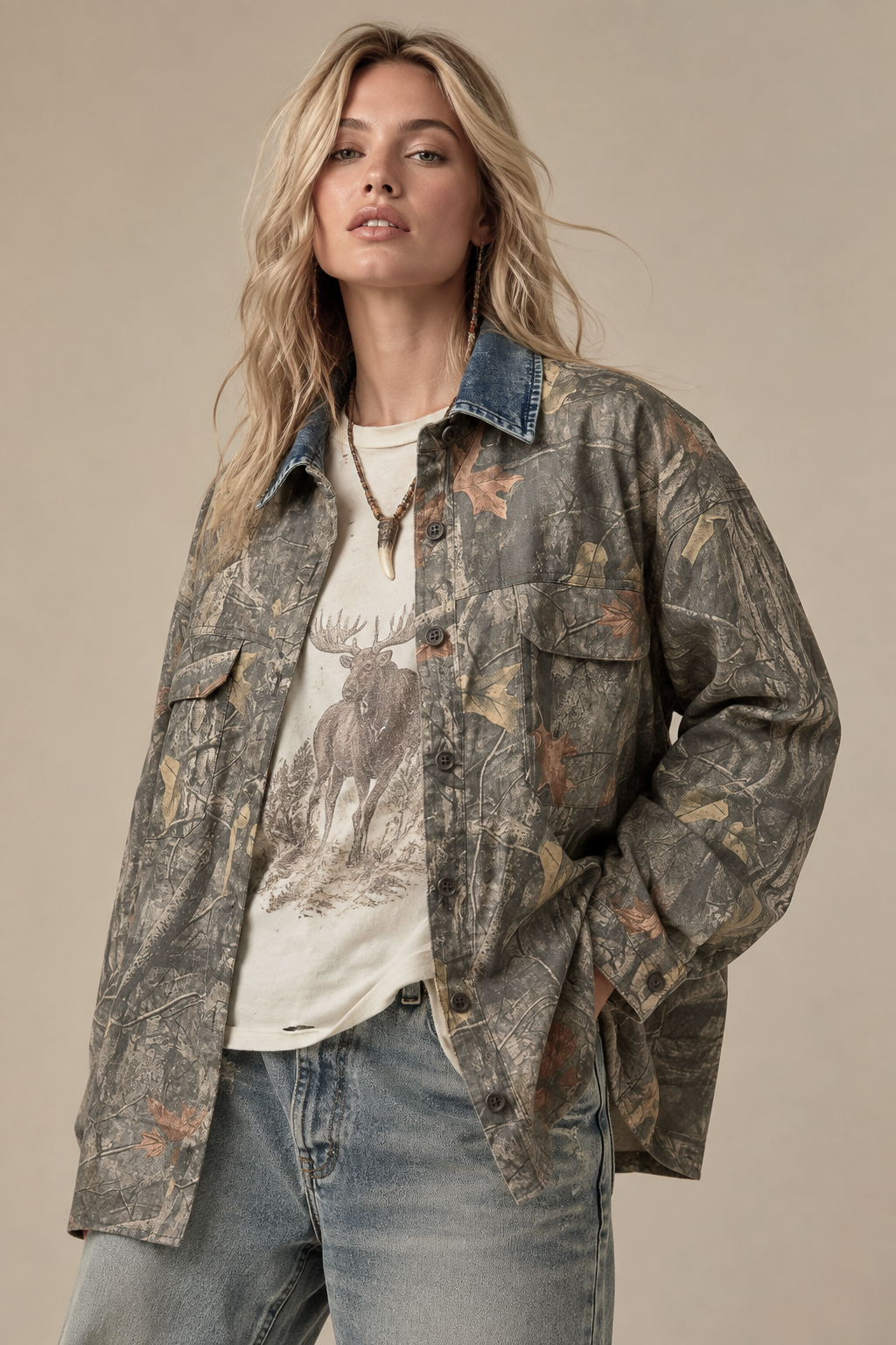 Denim Collar Camo Shacket