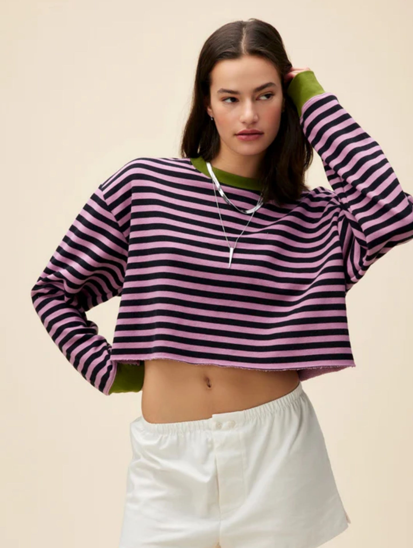 *Final Sale* Purple and Black Lotus Flower Stripe Cut Off Sweatshirt