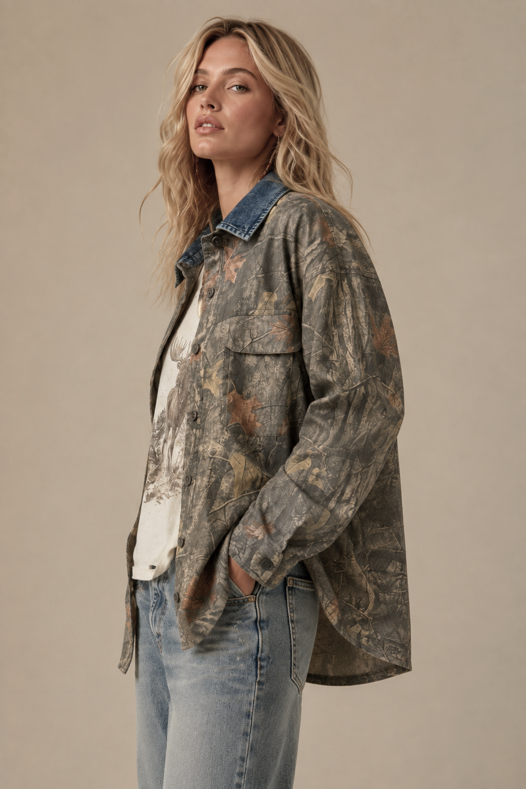 Denim Collar Camo Shacket