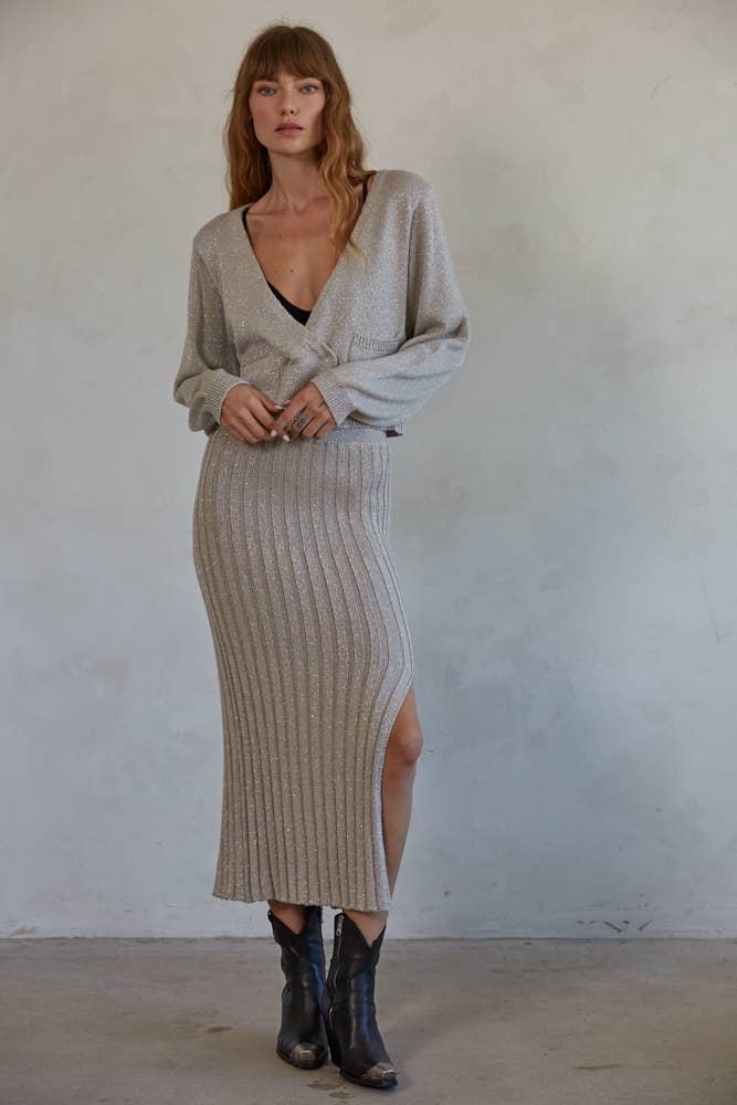 Lurex Surplice Snap Buttons V-Neck Long Sleeve Cardi