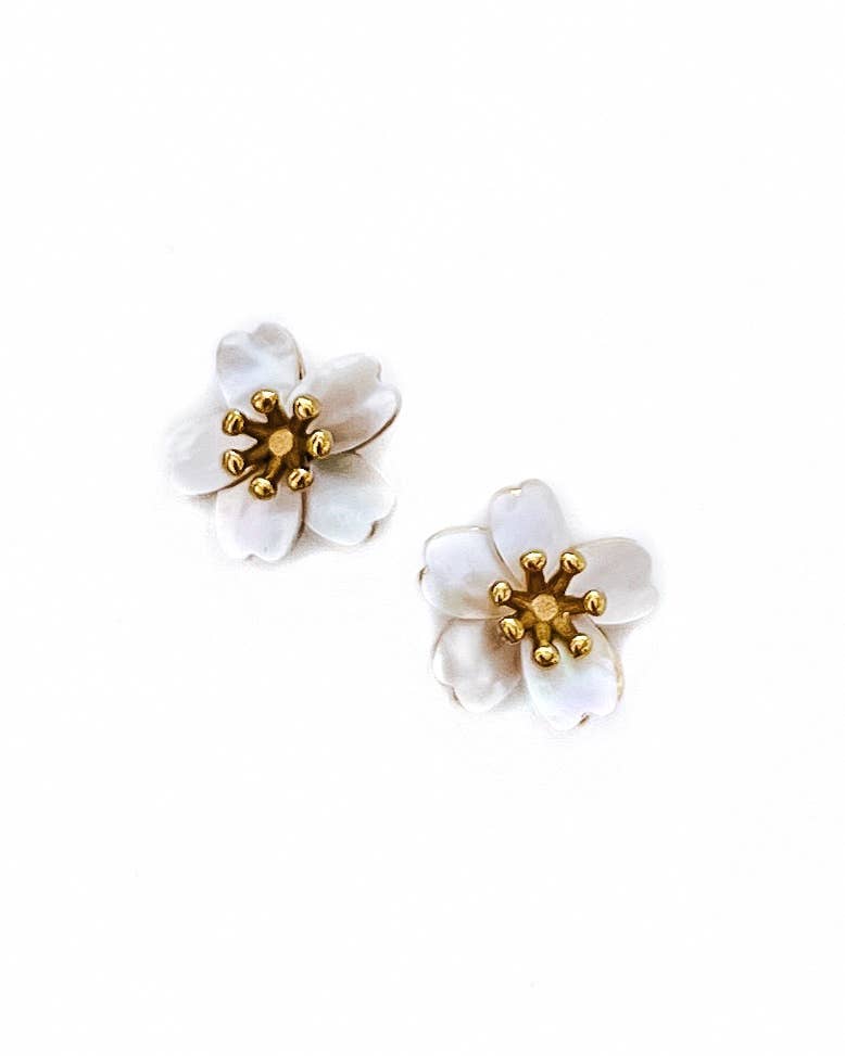 Edwina White Enamel & Gold Flower Stud Earrings