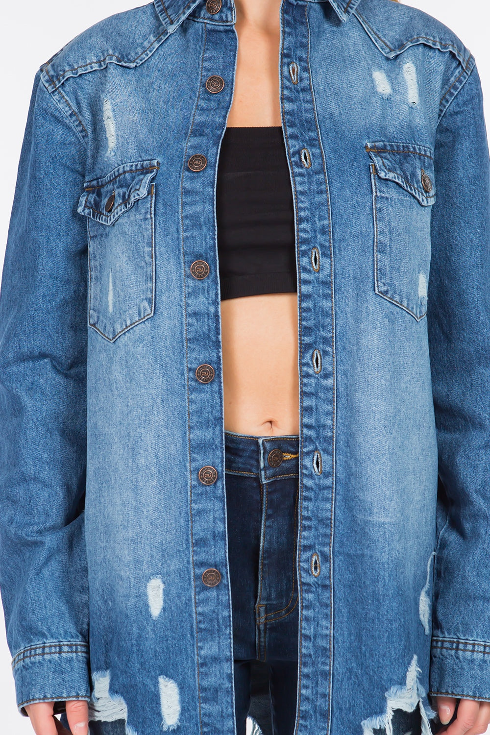 American Bazi Distressed Frayed Hem Denim Jacket IN STORE