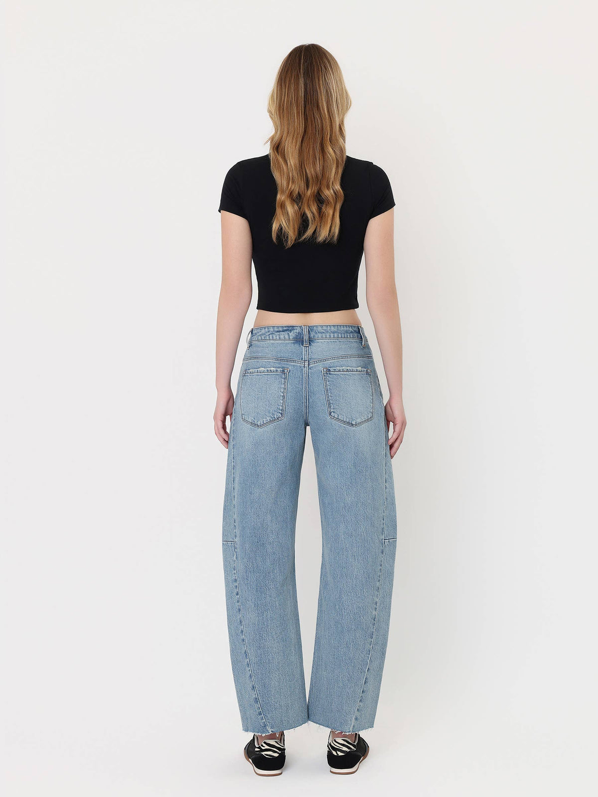 High Rise Raw Hem Paneied Seams Barrel Jeans