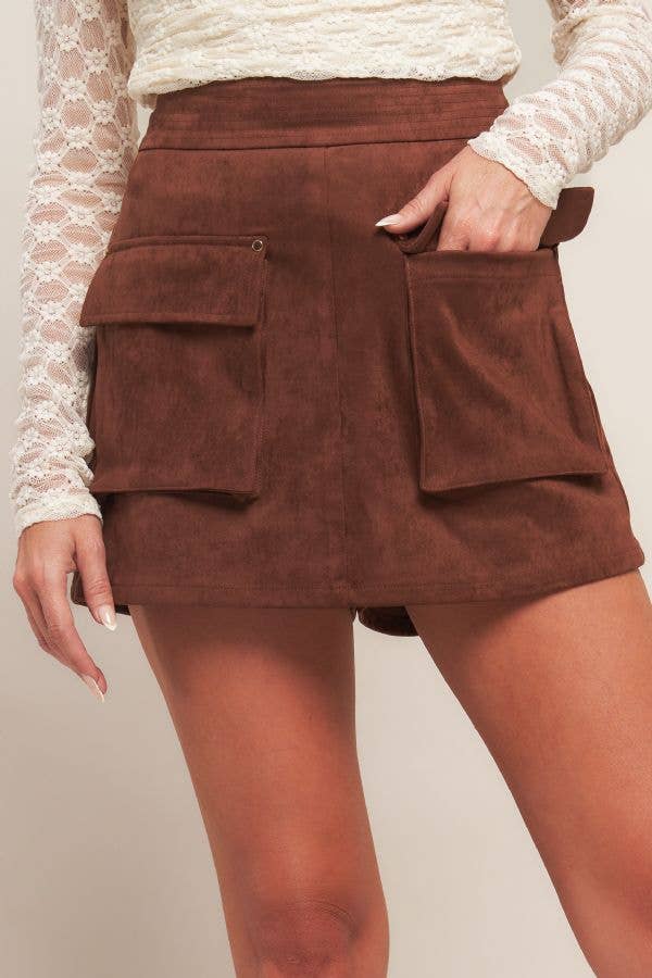 Brown Faux Suede Skort