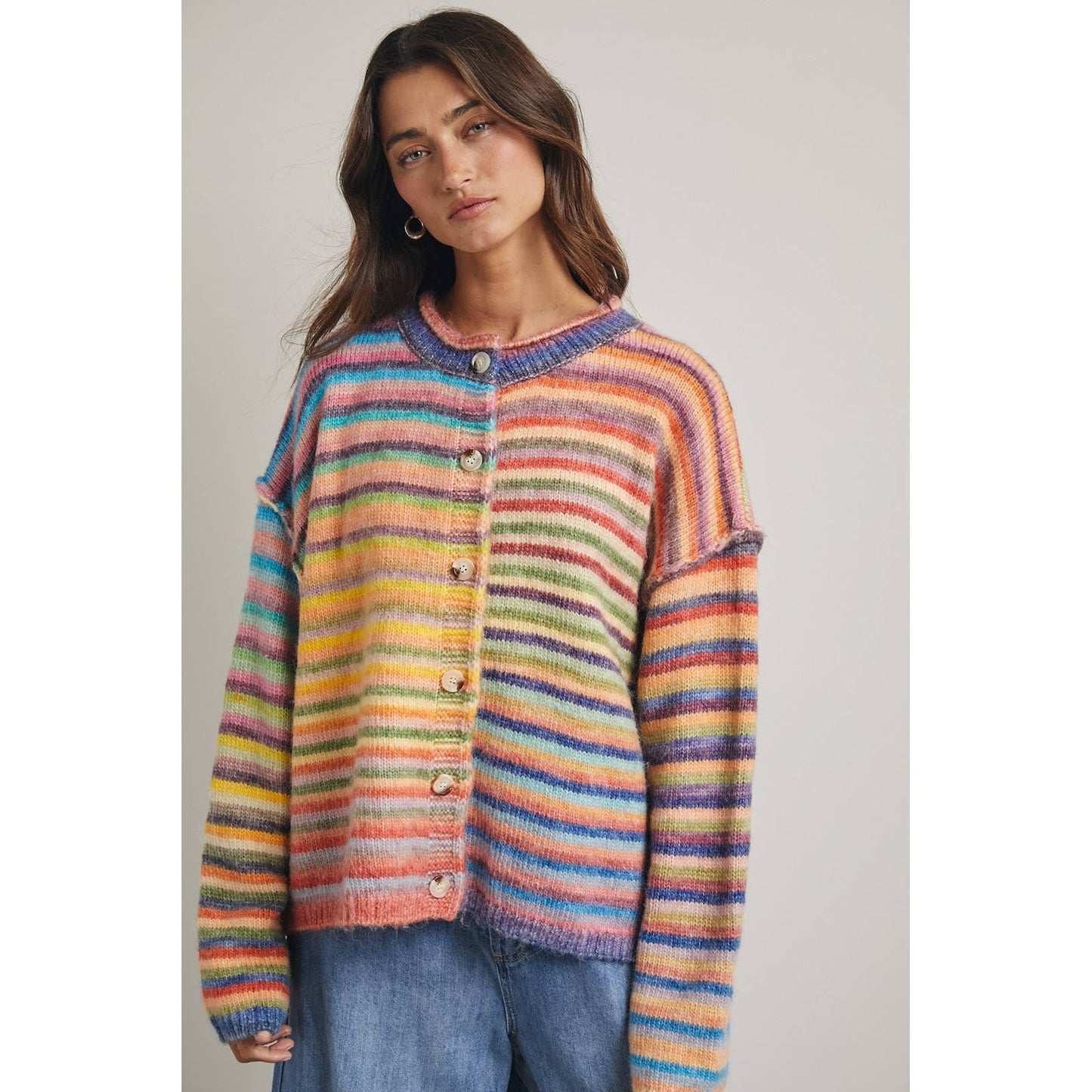 Rainbow Button-Up Knit Sweater Cardigan