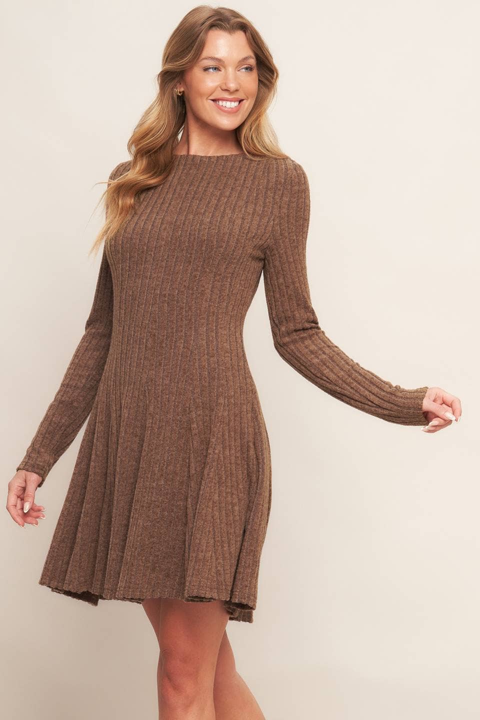 Brown Brushed Ribbed Knit Mini Dress