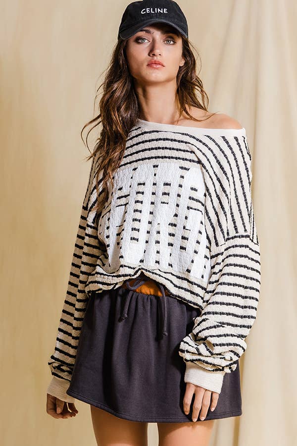 'GEORGIA' Graphic Black and White Textured Stripe Sweatshirt Top