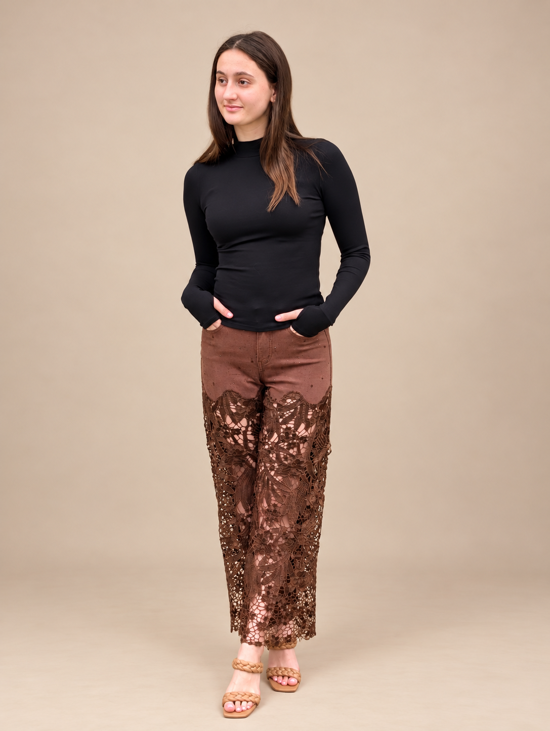 Chocolate Rhinestone Lace Denim