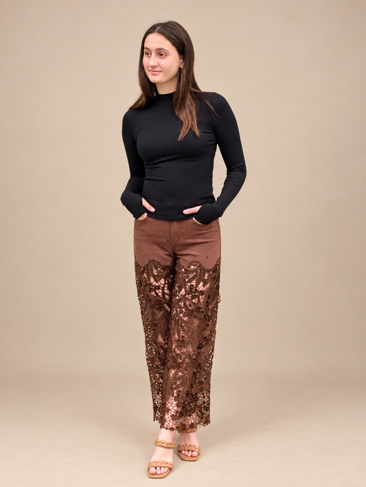 Chocolate Rhinestone Lace Denim
