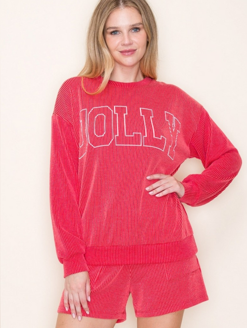 Red ribbed long sleeve jolly graphic