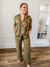 olive green button front long sleeve top