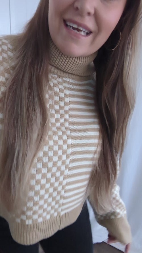 Cream mix and match knit turtleneck sweater