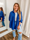 blue oversized buton front shirt with 2 front pockets