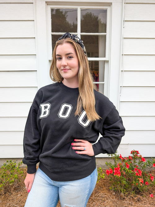 White Boo Stencil Lettering Graphic Sweatshirt