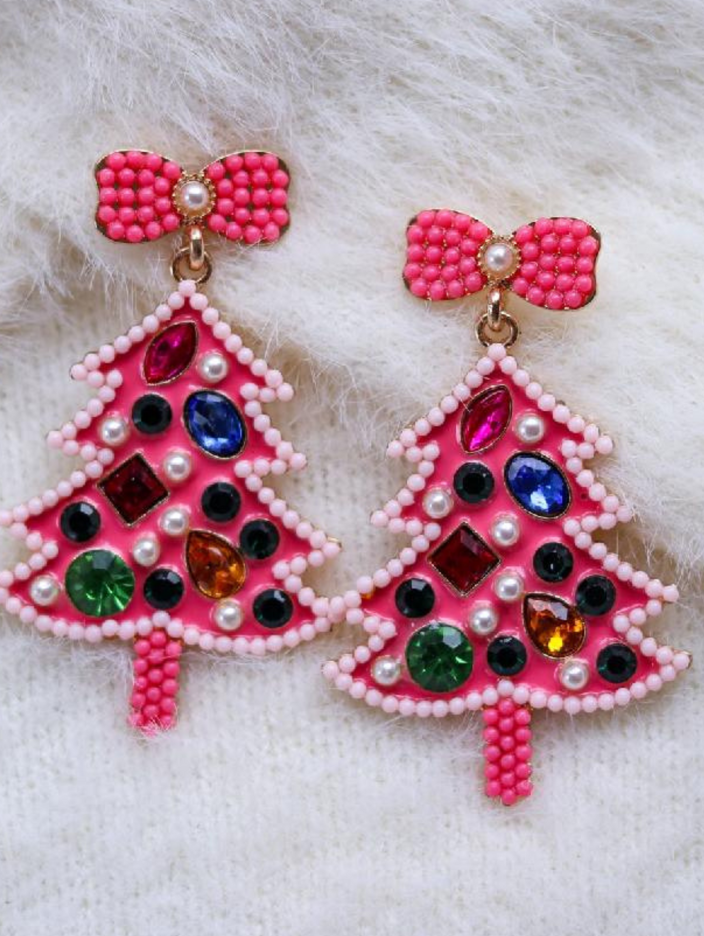 Bubble Gum Pink Bow Stud Dangle Christmas Tree Statement Earrings