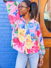 Bright Bold Floral Print Balloon Sleeve Button Up Top