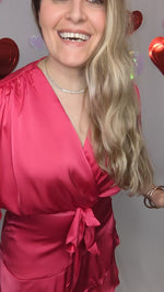 Hot Pink Satin Faux Wrap Dress with Flare Sleeves