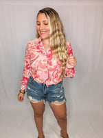 Hot Pink Pasiley Print Long Sleeve Button Up Blouse