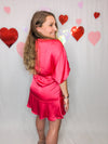 Hot Pink Satin Faux Wrap Dress with Flare Sleeves