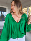 Kelly Green Silk Shirred Blouse with Open Tie Back