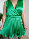Emerald Green Satin V Neckline Pleated Skirt Dress