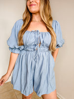 Light Blue Baby Doll Cinched Waist Balloon Sleeve Romper