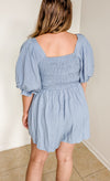Light Blue Baby Doll Cinched Waist Balloon Sleeve Romper