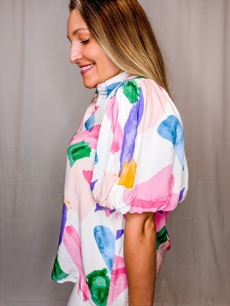 Light Weight Multi Color Brush Stroke Print Puff Sleeve Button Up Top