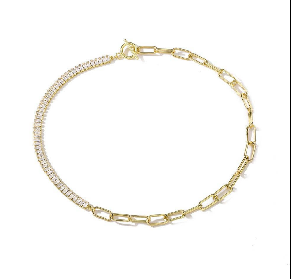 CZ Baguette and Chain Link 18K Gold Filled Toggle Necklace