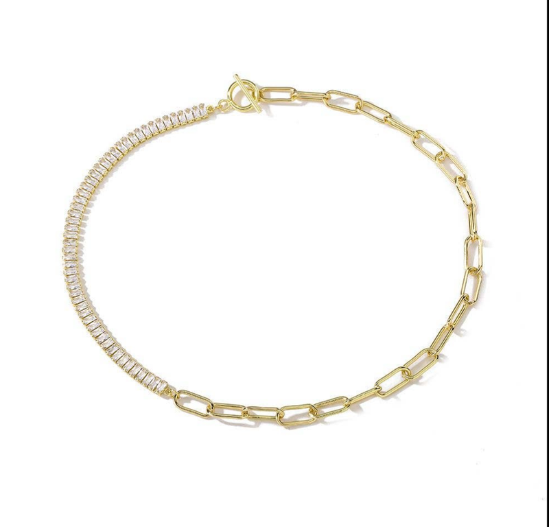 CZ Baguette and Chain Link 18K Gold Filled Toggle Necklace