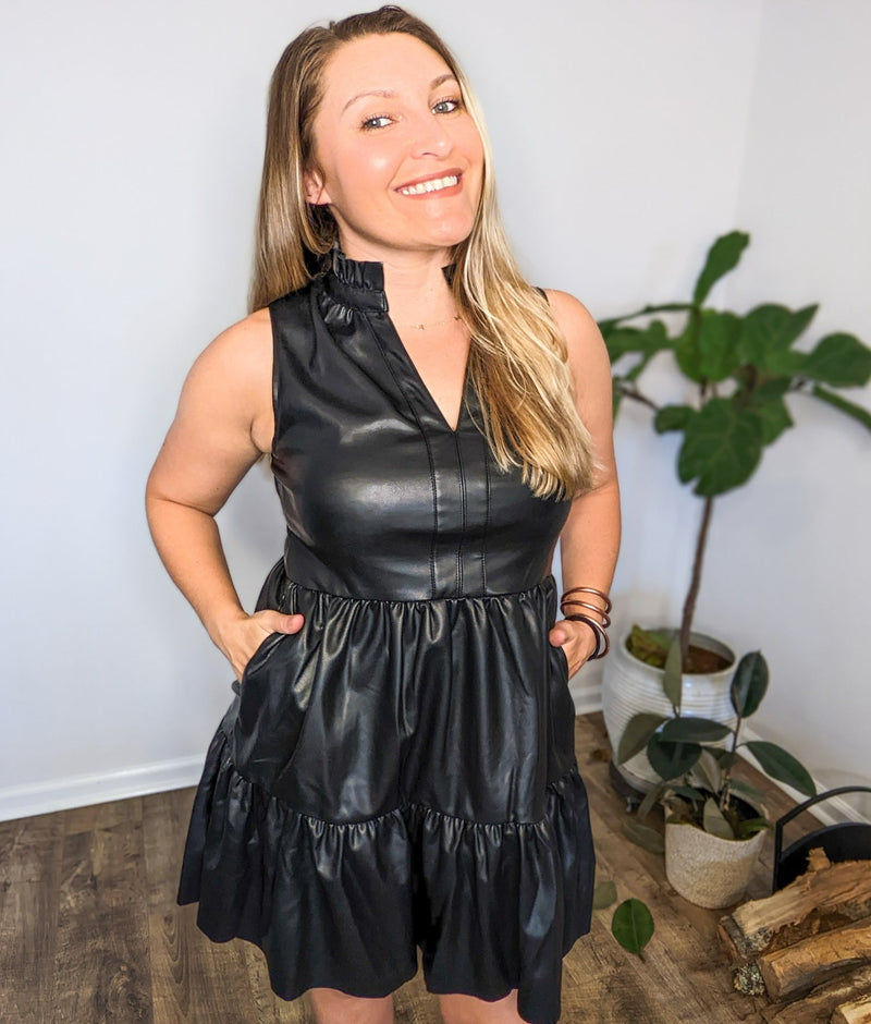 Black Faux Leather High Neck Tiered Dress