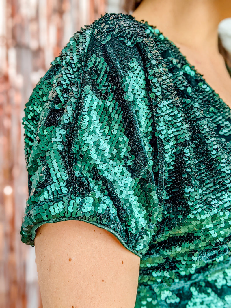 Emerald Sequin Deep V Neckline Mini Dress