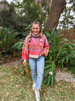 Multi Color Floral Pattern Fuzzy Turtle Neck Sweater
